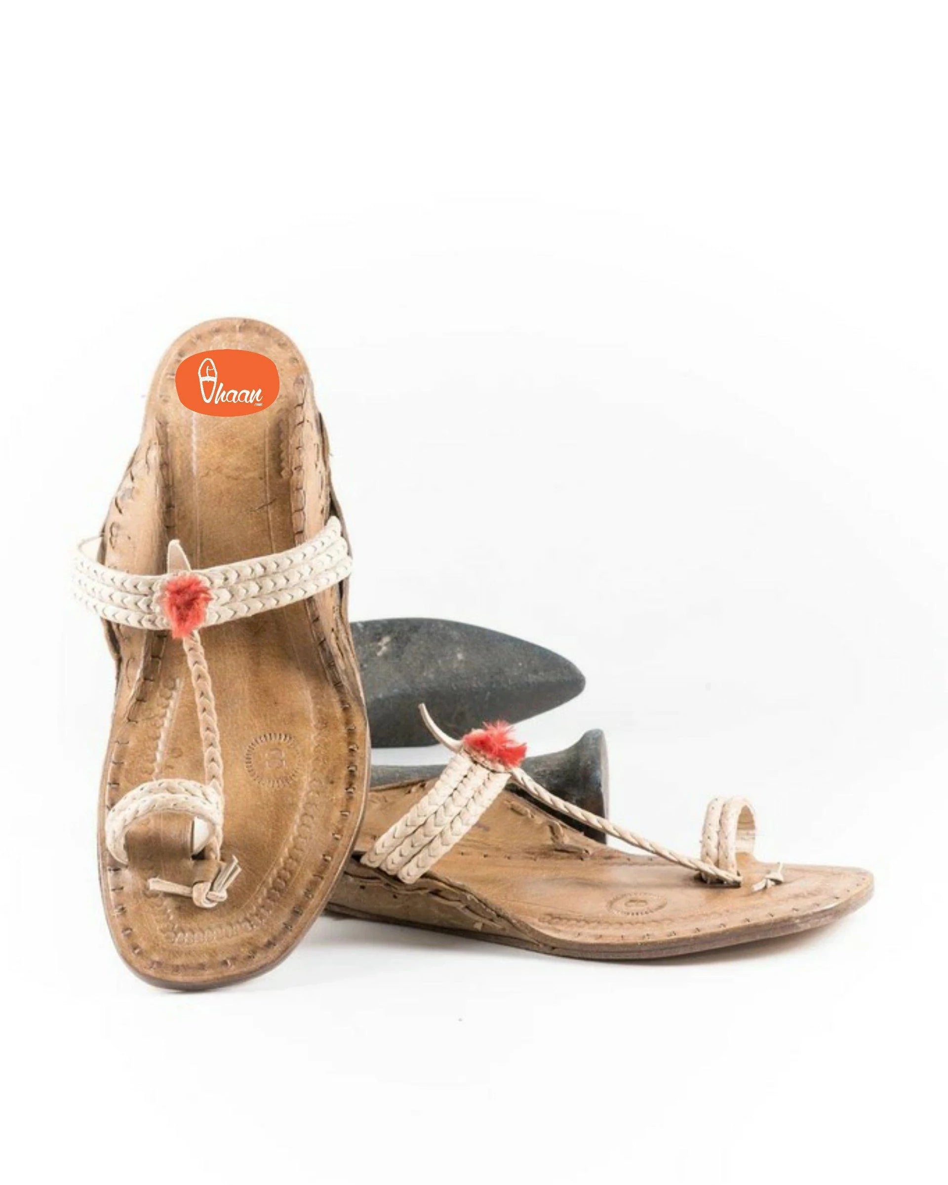 Three Braided Pure Leather Handicraft Ladies Kolhapuri Chappal