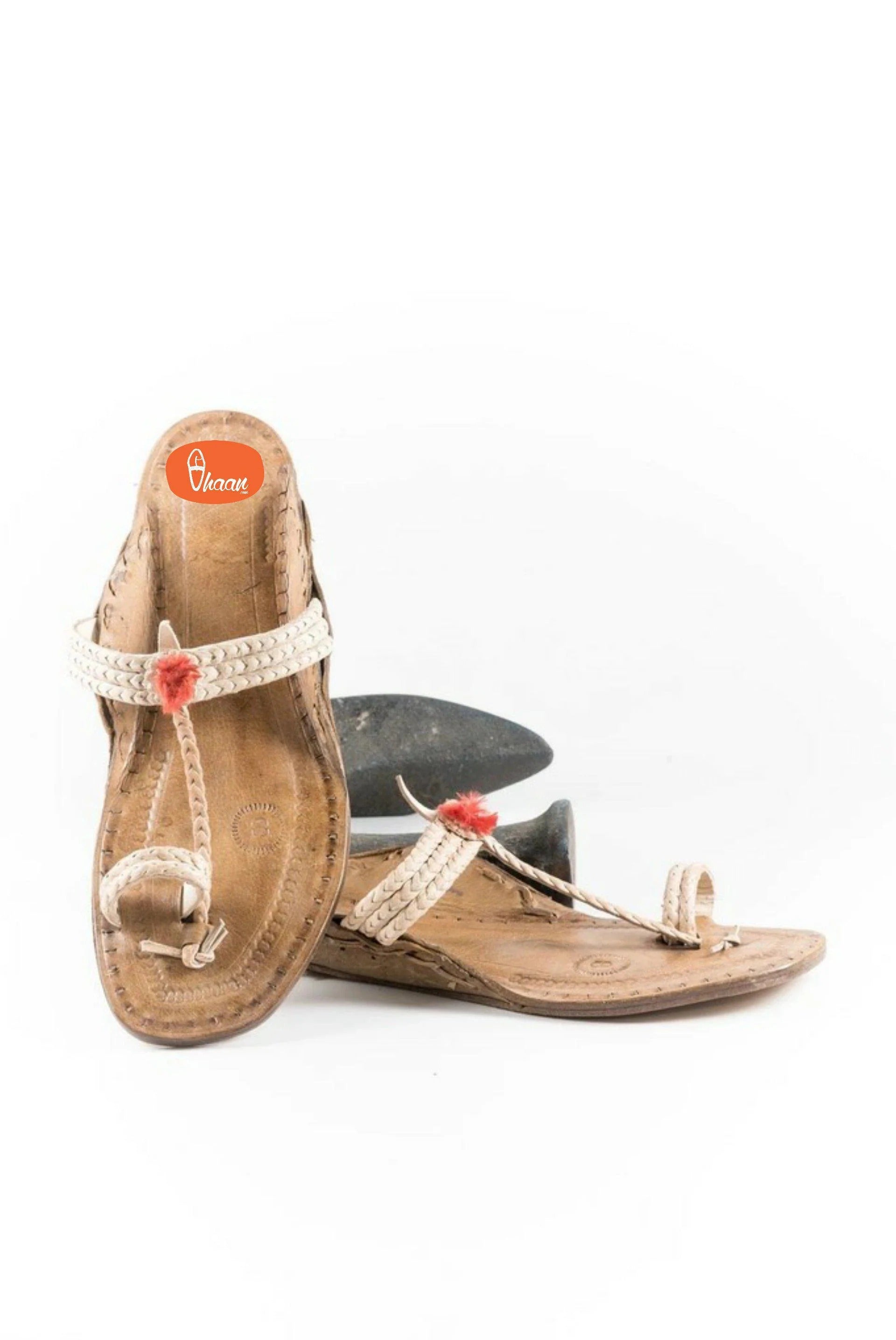 Three Braided Pure Leather Handicraft Ladies Kolhapuri Chappal
